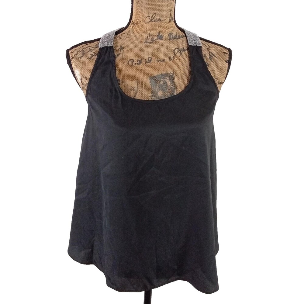 Mezzanine Top Open Back Bow Blouse Black Silver Bead Womens Size M Sexy Party